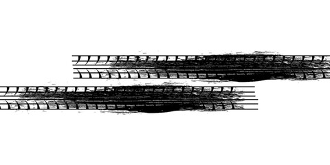 Tire tread marks wheel textures tire marks - car racing motocross drift rally off-road and others. Vector black isolated texture in grunge style with splashes. eps 10