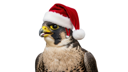 Close-up of Peregrine Falcon wearing a red Santa hat for Christmas isolated PNG with Transparent Background