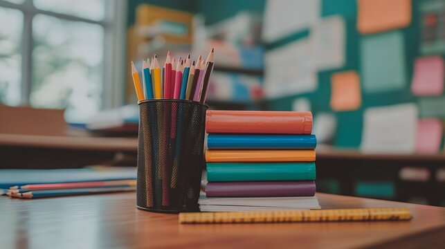 A stack of colorful books and pencils in a holder sit on a classroom desk, ready for learning - Powered by Adobe