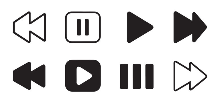 Set of eight media player controls with outline and filled styles on isolated white background illustration