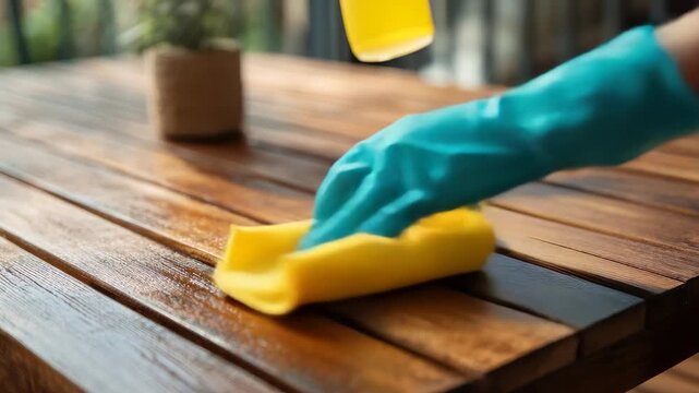 Cleaning a wooden table with spray cleaner and cloth in a bright and fresh environment