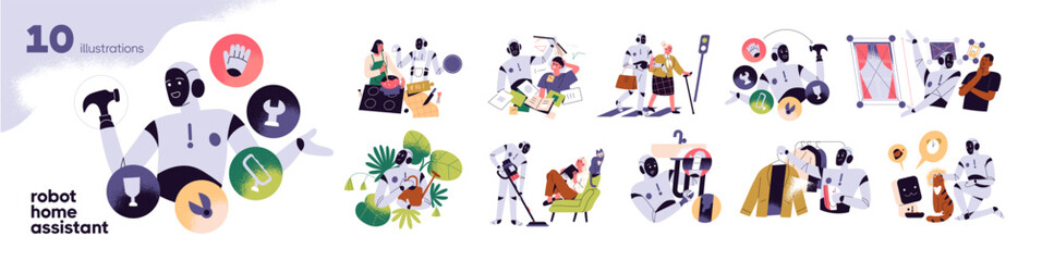 Robots home assistants set. AI bots for housework. Machinery with artificial intelligence helps people with cooking, cleaning. Humanoids assist. Flat isolated vector illustrations on white background