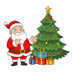 Fototapeta premium Cute Cartoon Santa Claus with Decorated Christmas Tree and Gift Boxes