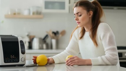 Morning Routine: A woman in a home kitchen is seen reaching for a lemon with an apple in a cozy setting. This everyday scene captures the simple joys of starting a day at home