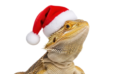 Bearded Dragon wearing a Red Santa Hat isolated PNG with Transparent Background