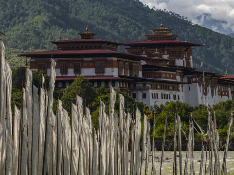 Aerial view of prayer flags fluttering in the foreground, leading to the majestic Punakha Dzong against a backdrop of verdant hills, Punakha, Bhutan.
