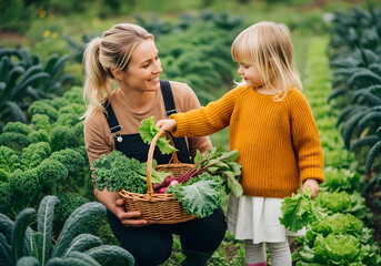 Mother and daughter harvesting fresh organic vegetables in a lush garden