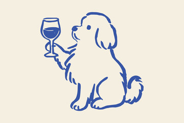 Dog with wine glass cartoon sketch vector illustration