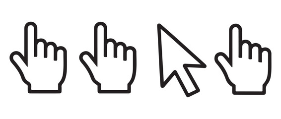 Fototapeta premium Set of isolated black outline hand cursors pointing up, and one black arrow cursor icon