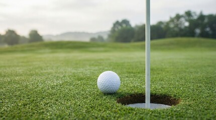 Golf ball rests beside a flagstick in the hole on a meticulously maintained putting green at a golf course, symbolizing precision, challenge, and the leisure pursuit of sport