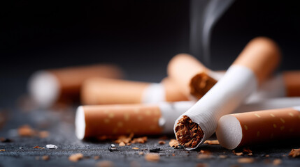 Closeup of extinguished cigarettes in ash, concept of quitting smoking, tobacco cessation aftermath, smoking habit termination visualization, addiction recovery symbolism, cigarett