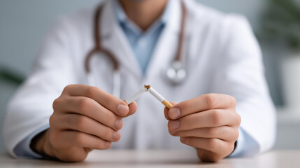 Faceless doctor crushing cigarette with available space, medical professional tobacco cessation, healthcare provider smoking prevention, physician addiction recovery advocacy, defo