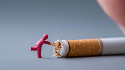 Quit smoking concept with match figure kicking off cigarette, creative tobacco cessation visualization, playful addiction recovery imagery, smoking habit termination metaphor, heal