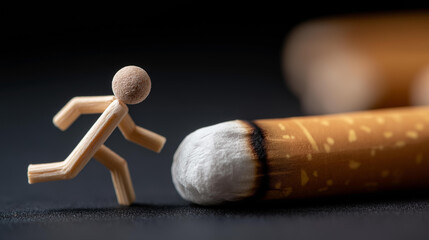 Quit smoking concept with match figure kicking off cigarette, creative tobacco cessation visualization, playful addiction recovery imagery, smoking habit termination metaphor, heal