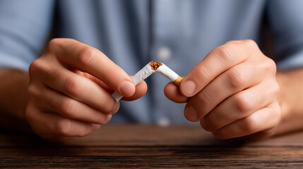 Detail of faceless man's hands breaking cigarette in foreground with selective focus, concept anti-smoking campaign health disease lung prevention, defocused hands destroying, with