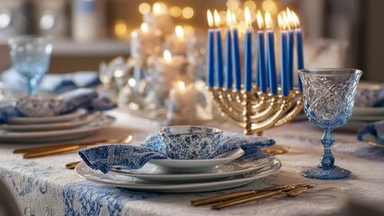 Elegant Hanukkah dinner table with blue decorations and menorah candles creating a warm festive mood