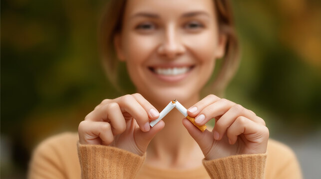 Faceless beauty woman happy breaking cigarette, World Tobacco Day and quit smoking cigarettes concept, female cessation success, health improvement celebration, defocused joyful pe