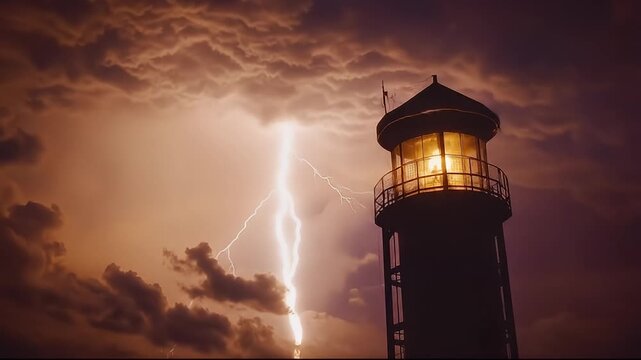 Dramatic Lighthouse With Bright Light Beams Stands Tall Against A Dark Sky With Brilliant Lightning Strikes Illuminating The Stormy Clouds Overhead During A Powerful Electrical Storm at Dusk