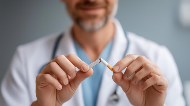 Faceless doctor crushing cigarette with available space, medical professional tobacco cessation, healthcare provider smoking prevention, physician addiction recovery advocacy, defo