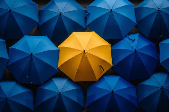 A single bright yellow umbrella stands out distinctly from a crowd of identical dark blue umbrellas symbolizing individuality and uniqueness