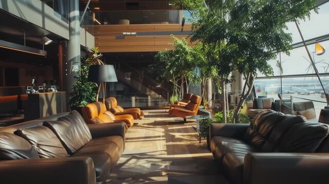 Serene Interior: A sunlit interior space designed for relaxation and contemplation, features natural elements, comfortable seating and an architectural blend.