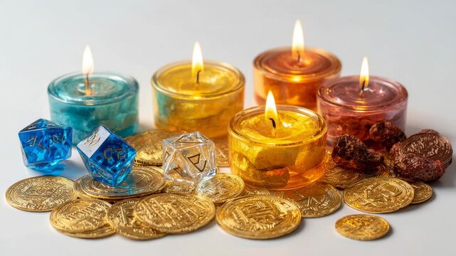 Colorful Hanukkah candles with chocolate coins dreidels and treats creating a festive and playful scene