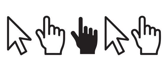 Fototapeta premium Mouse cursor icon set. Vector collection of arrow and hand pointers in solid and outline styles.