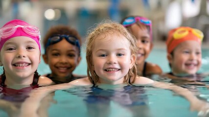Children enjoying swimming lessons in a pool on a sunny day with smiles and colorful swim gear