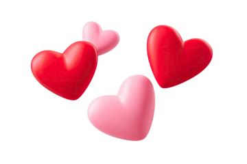 Four hearts in vibrant red and soft pink colors representing love and romance isolated on transparent background