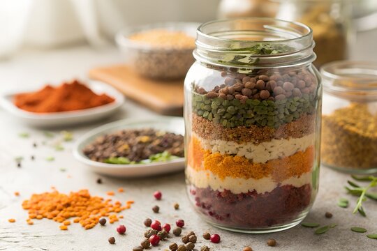 Layered Dry Soup Mix in Glass Jar with Lentils, Grains, and Spices