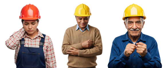 Diverse group of construction workers, including a young woman with neck pain, a thoughtful senior man, and a confident elderly man, all wearing hard hats against a transparent background