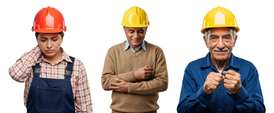 Diverse group of construction workers, including a young woman with neck pain, a thoughtful senior man, and a confident elderly man, all wearing hard hats against a transparent background - Powered by Adobe