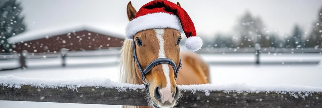 Festive horse adorned with a Santa hat joyfully prancing in a winter wonderland of snowflakes. - Powered by Adobe