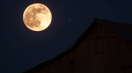 A serene night scene featuring a luminous full moon casting a warm glow over a rustic barn under a dark sky, creating a peaceful ambiance. A rustic countryside setting.