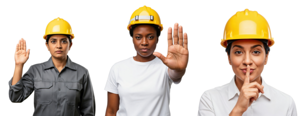 Three diverse young adult women construction workers wearing yellow hard hats making different hand gestures on a transparent background