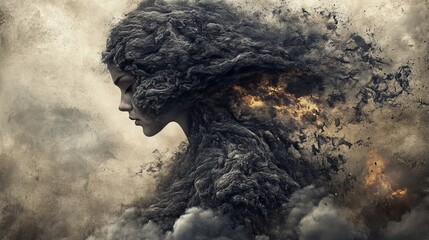 Enigmatic Female Profile Symbolizing Inner Turmoil, Emotional Pain, and Conceptual Burnout Art
