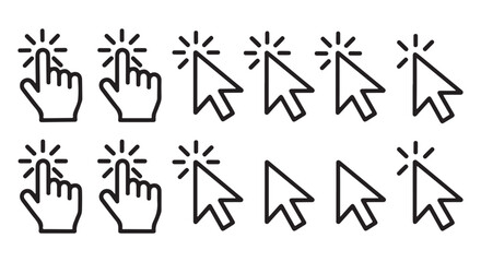 Mouse cursor icon set. Vector collection of clicking arrows and hand pointers in solid and outline styles.
