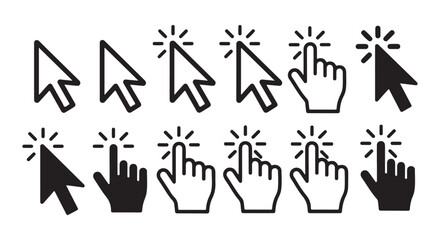 Clicking mouse cursors. Set of arrow and hand pointer icons for UI design.
