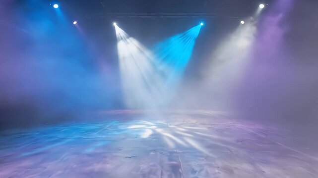 Empty Concert Stage with Atmospheric Smoke and Dramatic Blue Purple and White Spotlights Creating a Moody Atmosphere on a Textured Floor