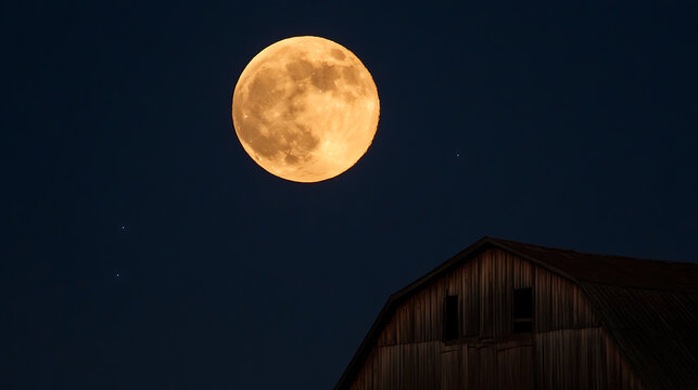 A radiant full moon graces the night sky, casting a soft glow over a rustic barn beneath. The serene scene evokes a sense of timeless beauty and tranquility. - Powered by Adobe