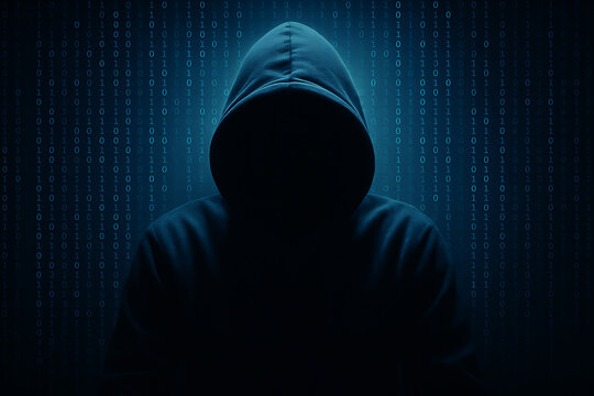 Hacker in hood digital binary code background - Powered by Adobe
