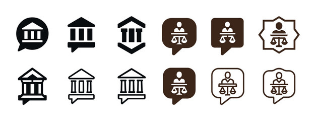 Set of courthouse and justice icons in monochrome styles