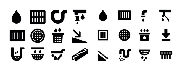 Drainage system icons collection: pipes, grates, water flow symbols