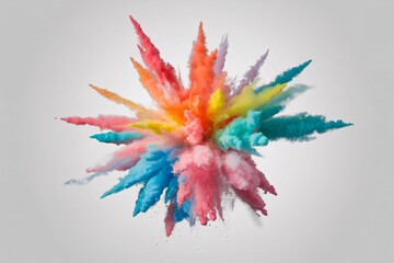 Vibrant explosion of colorful powder paint in a starburst shape against a neutral gray background symbolizing creativity and celebration