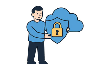 Man holding security shield with padlock icon protecting digital data