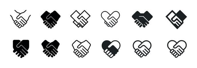Different styles of handshake icons representing unity and cooperation