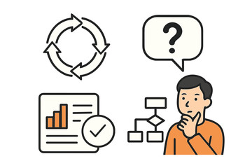Business process icons featuring thinking person and workflow elements