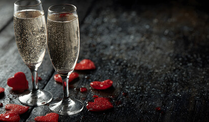 Valentine's day and love concept made from champagne glasses and red hearts on black wooden background. Top view with copy space, flat lay.