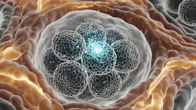 Oxidative stress developing around cells during chronic high glucose exposure, reactive particles form faint glowing sparks near mitochondria, while surrounding tissues pulse with soft