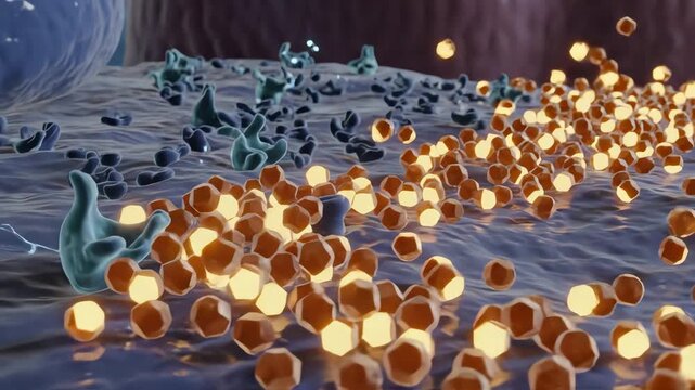 Insulin resistance at the cellular level, with receptors on fat and muscle cells appearing dim or partially inactive, glucose particles hover outside the membrane rather than entering